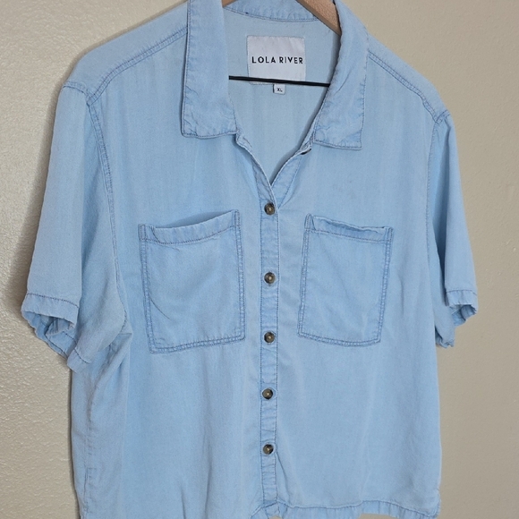 Lola River Light Wash Chambray Short Sleeve Boxy Crop Relaxed Button Up Shirt XL - Picture 5 of 11